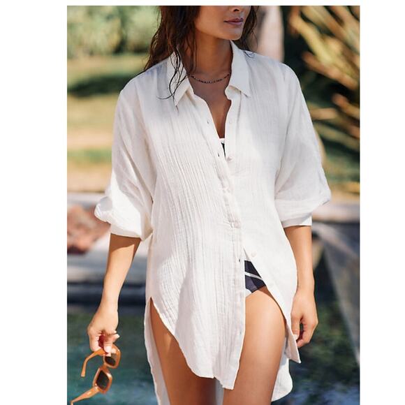ANTHROPOLOGIE Oakley Gauze Shirt Top Button Down Ivory White NWT NEW Lg Peasant - Picture 1 of 16